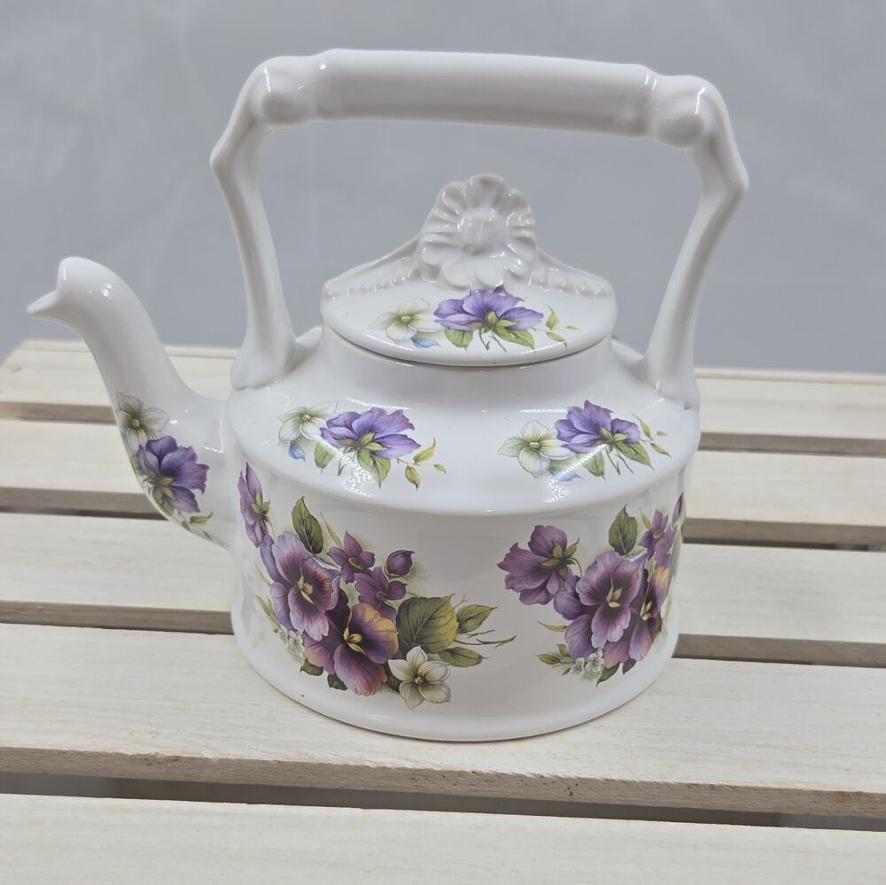 Arthur Wood 6496 Floral Ceramic Teapot w/ Lid White Purple Green Made England